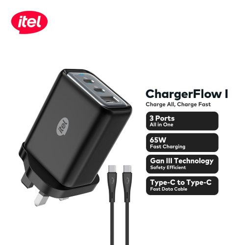itel ChargerFlow I 65w GaN Charger Triple Port Kit With 3A Type-C Cable ICW-652